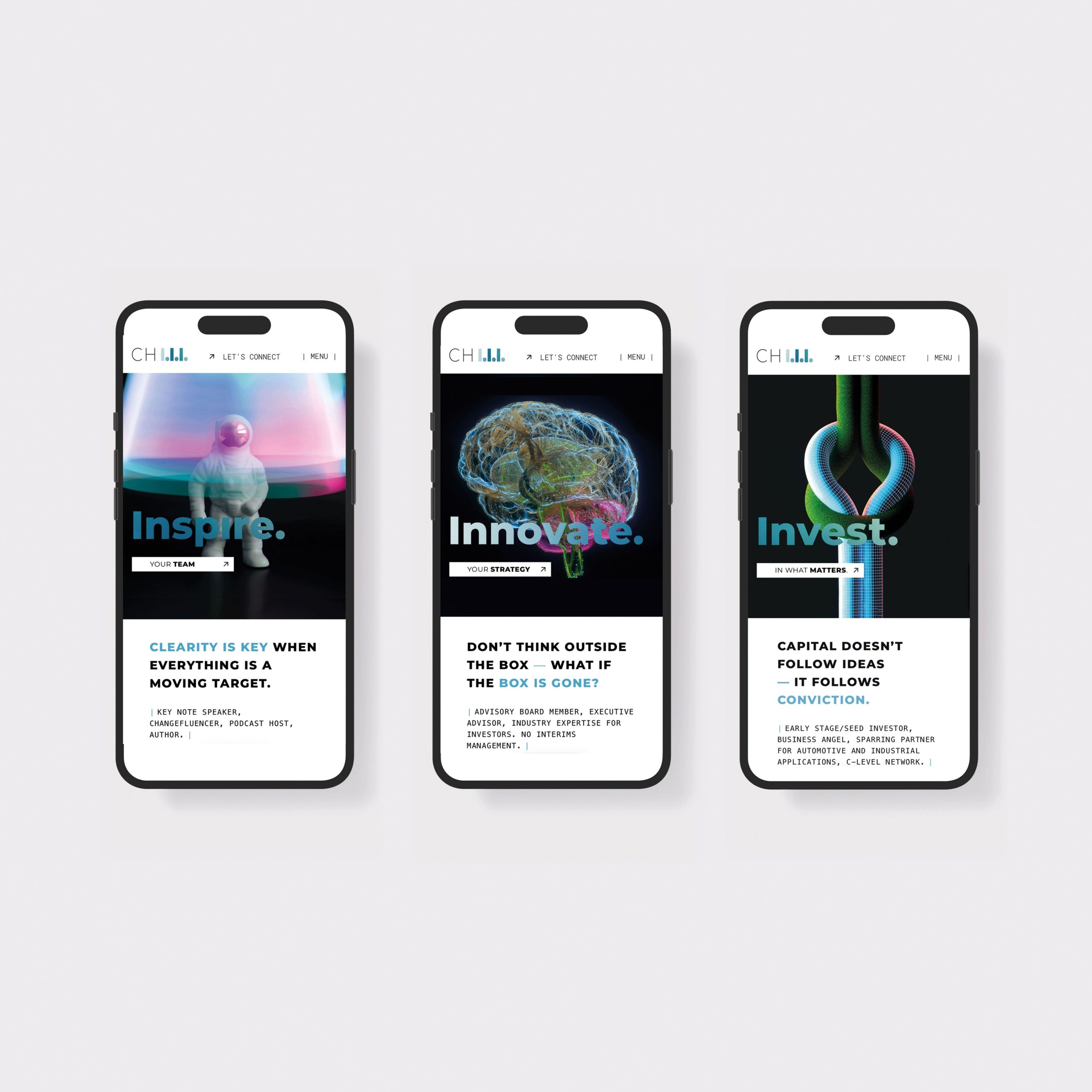 Mobile Website-Design für CHIII mit Digital Brand Design und Digital Creative Direction, entwickelt von Brand Designer Freelancer Simone Rees für einen konsistenten digitalen Markenauftritt.