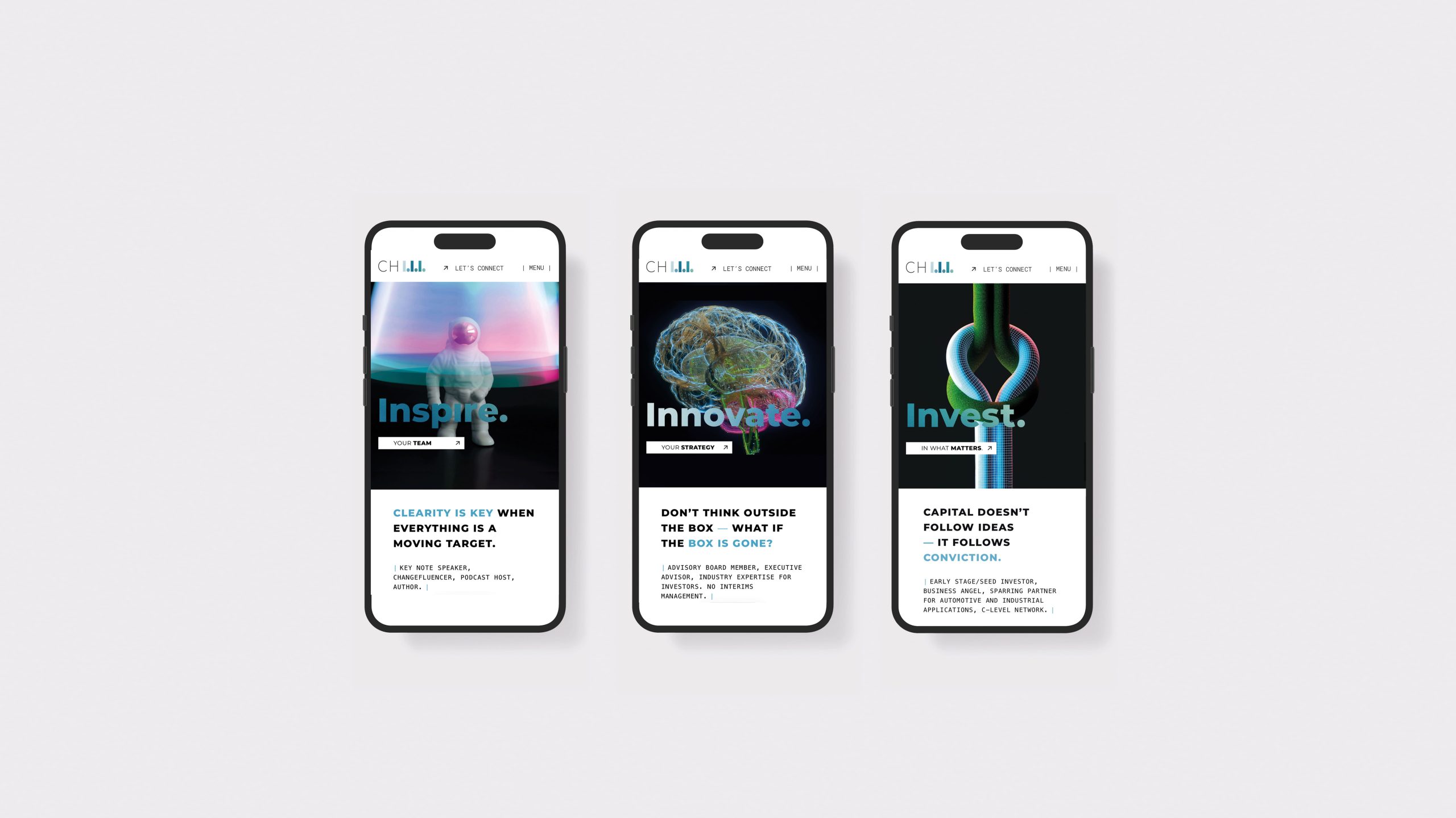 Mobile Website-Design für CHIII mit Digital Brand Design und Digital Creative Direction, entwickelt von Brand Designer Freelancer Simone Rees für einen konsistenten digitalen Markenauftritt.