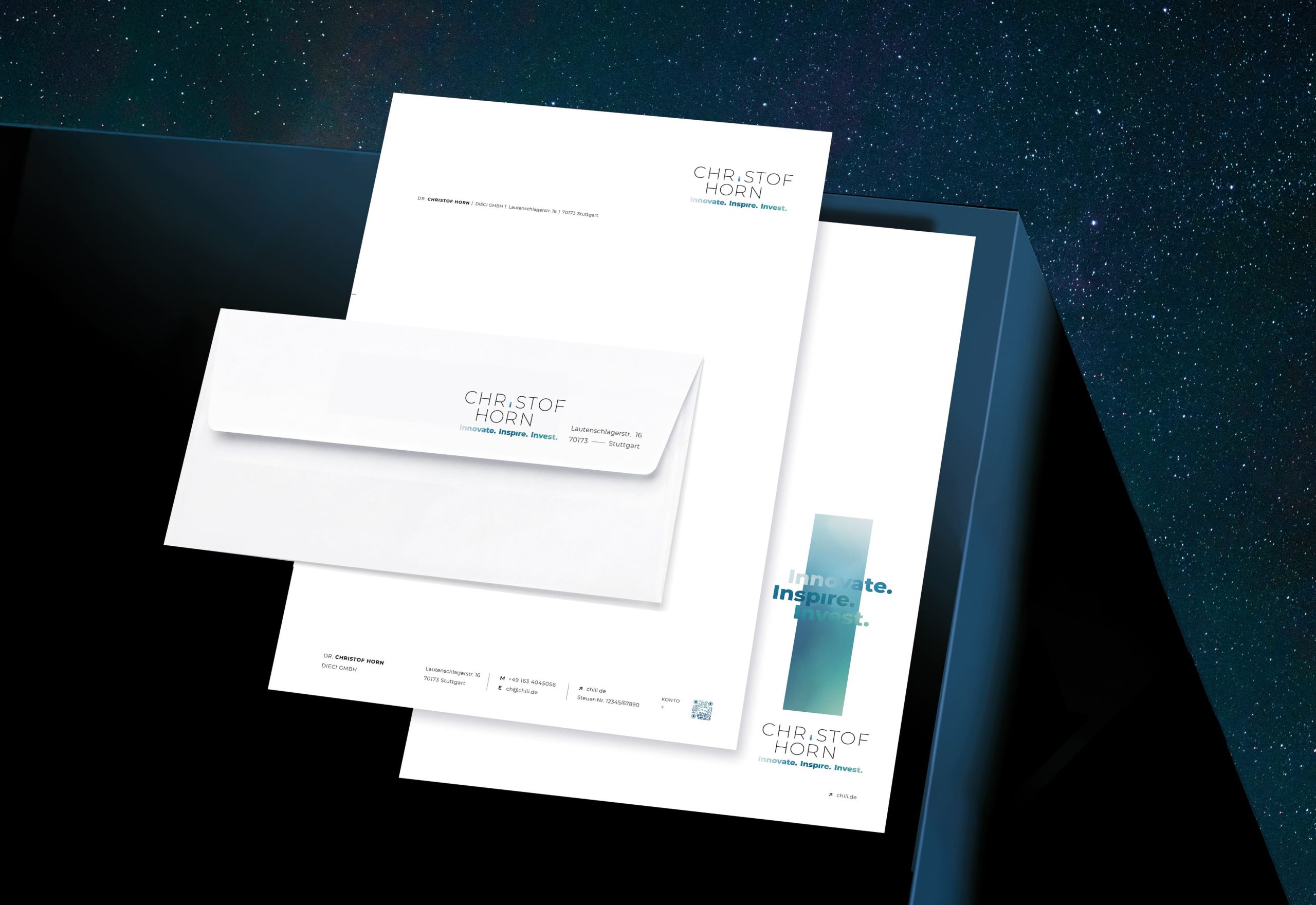 Geschäftsausstattung für CHIII Christof Horn mit Briefpapier und Umschlag, entwickelt als Digital Brand Design von Brand Designer Freelancer Simone Rees für einen konsistenten Markenauftritt.