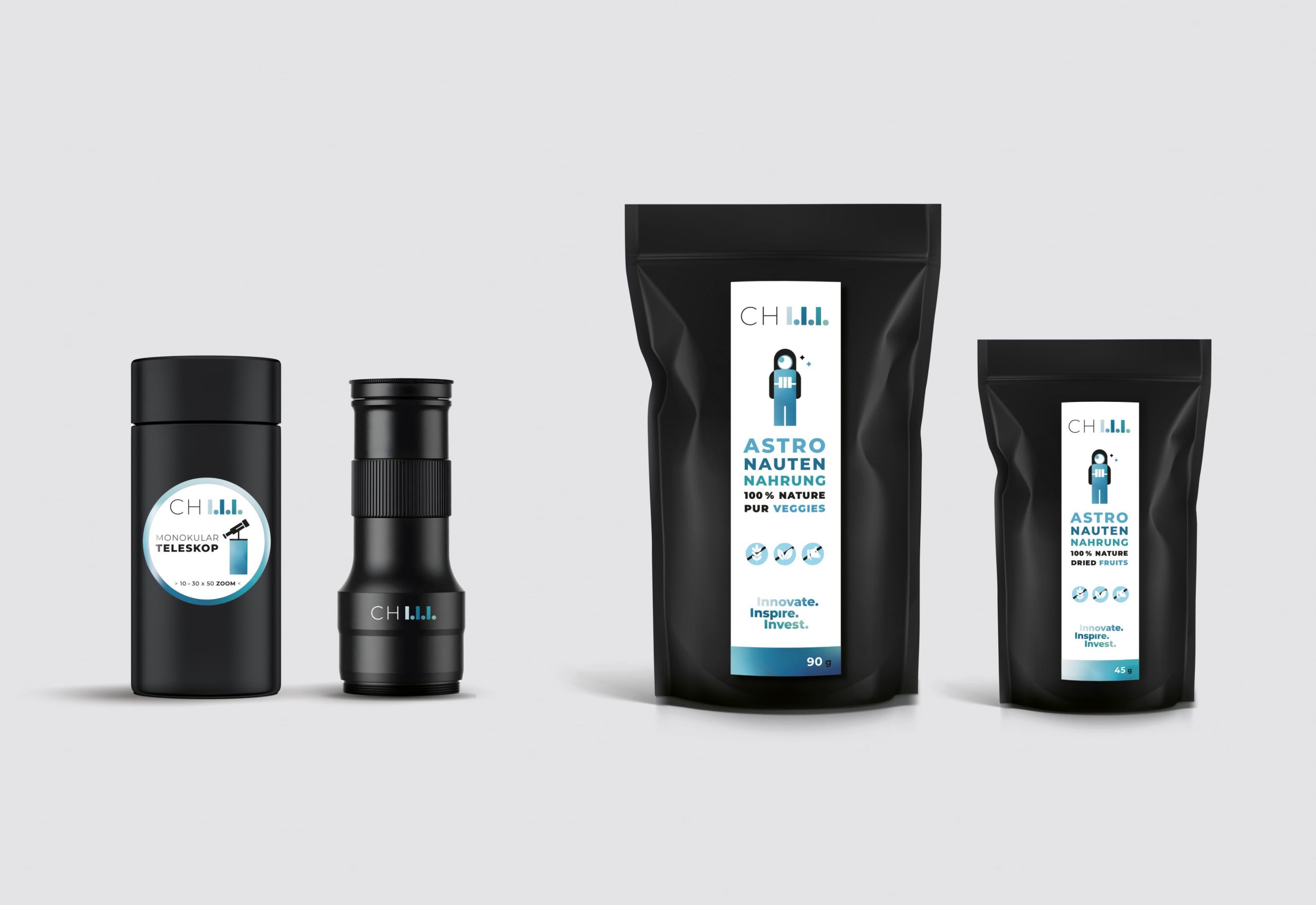 Giveaway-Konzept für CHIII mit Teleskop und Astronautennahrung, entwickelt mit Digital Creative Direction und Digital Brand Design von Brand Designer Freelancer Simone Rees.