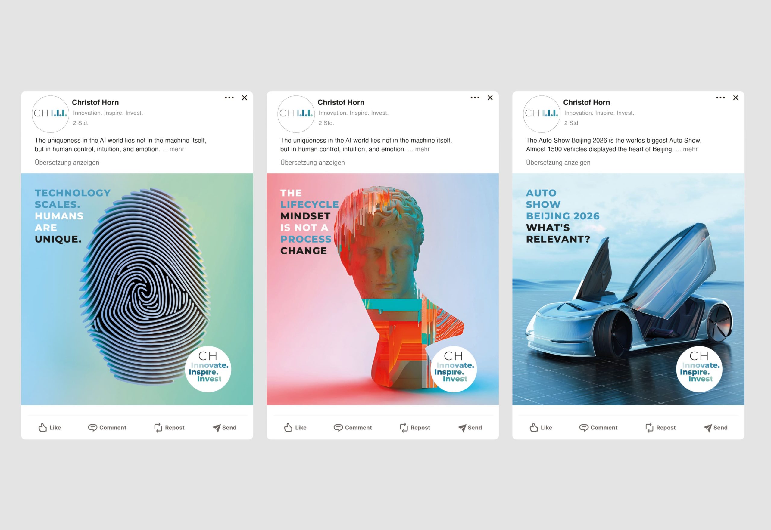 Social-Media-Design für CHIII Christof Horn mit futuristischen AI-Visuals zu Technologie und Mobilität, entwickelt als Personal Branding mit AI Art Direction von AI Art Director Simone Rees.