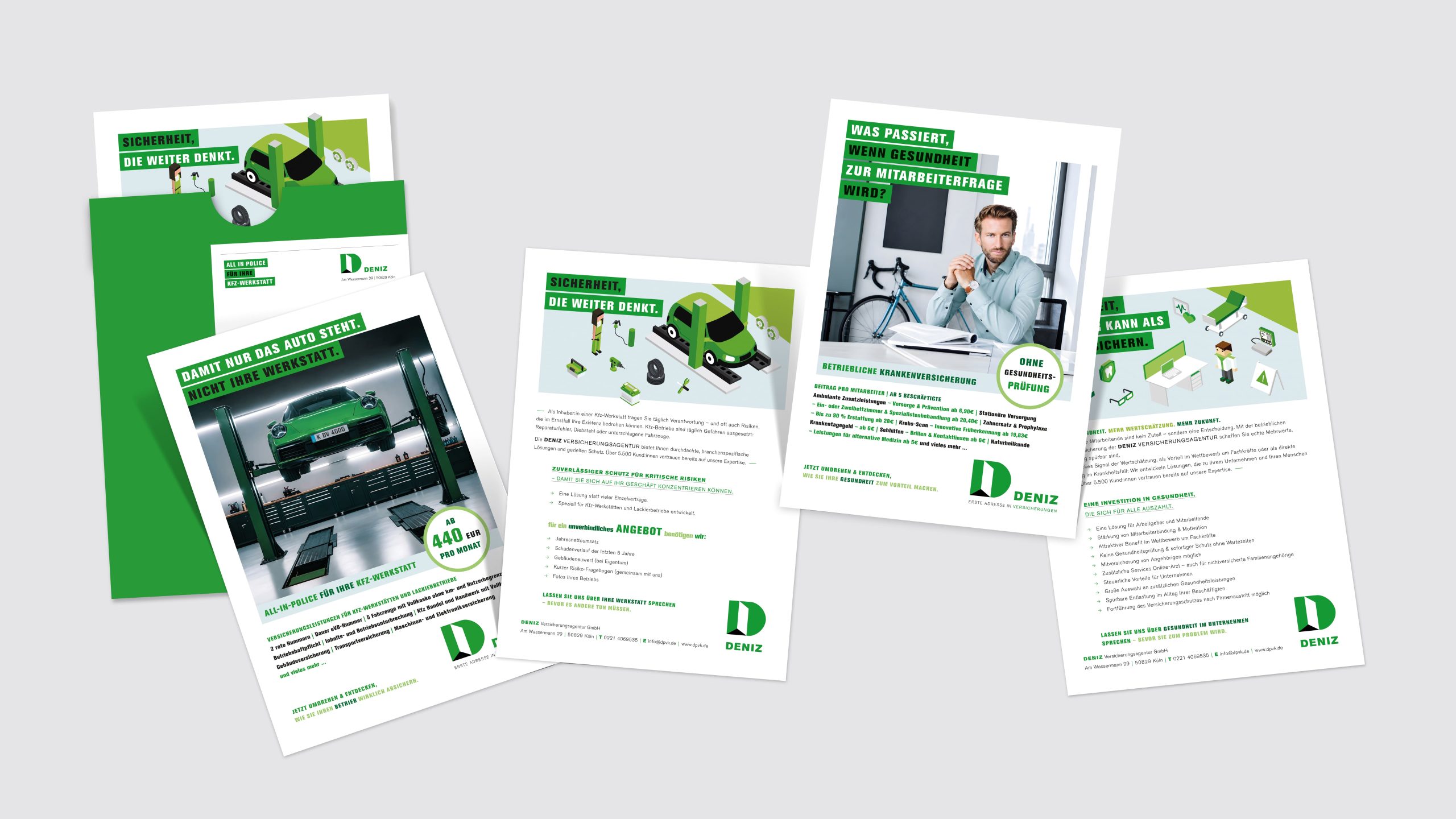 Geschäftsausstattung und Informationsmaterialien der DENIZ Versicherungsagentur – Corporate Design Versicherung umgesetzt von Senior Art Director Freelancer.