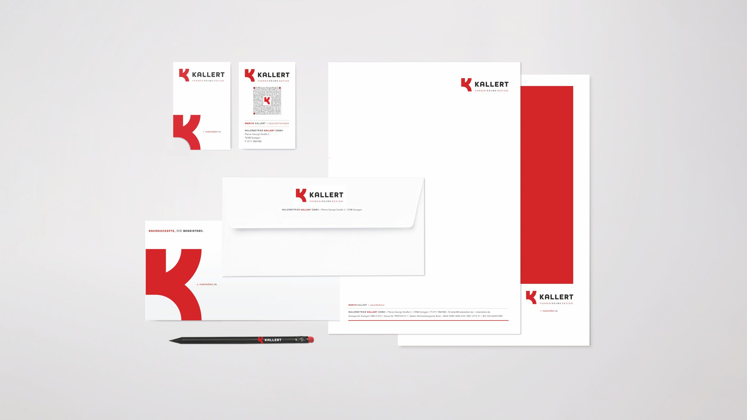 Corporate Design für den Kallert Malerbetrieb in Stuttgart mit Geschäftsausstattung, Briefpapier, Visitenkarten und Markenauftritt für das Handwerksunternehmen.