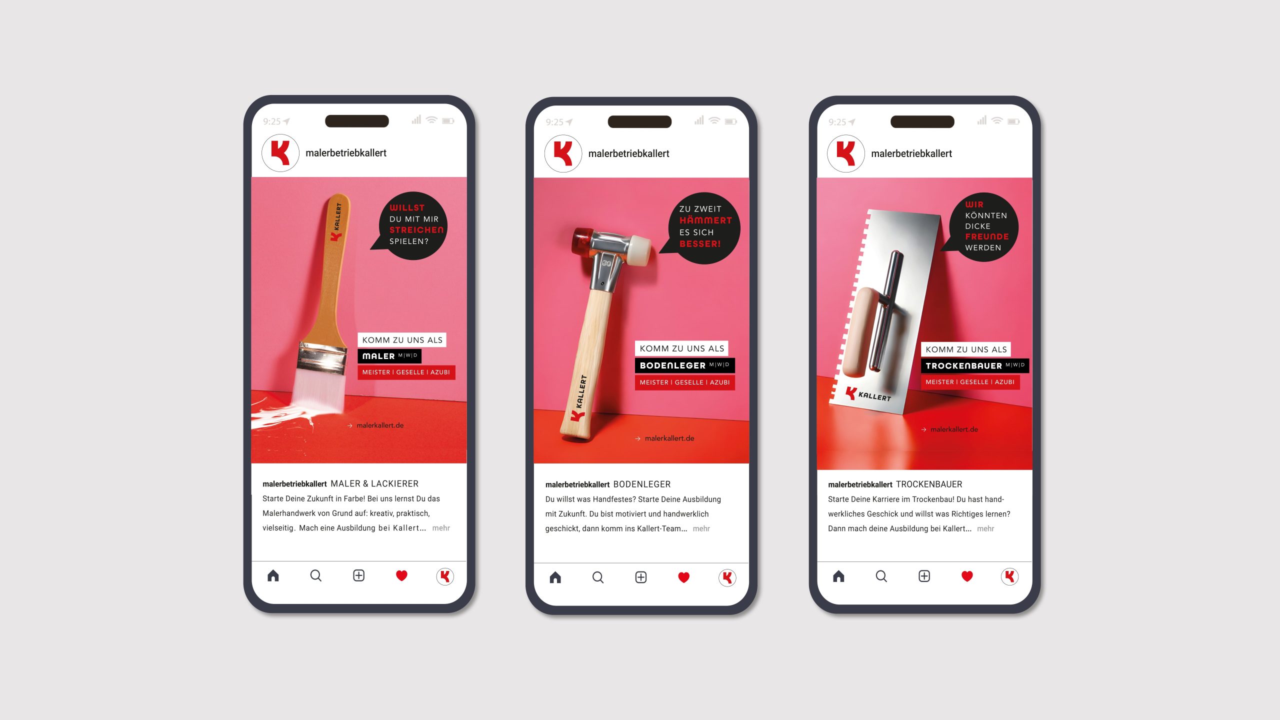 Employer Branding Handwerk für Kallert in Stuttgart mit Social-Media-Motiven zur Mitarbeiter- und Azubi-Gewinnung für Maler, Bodenleger und Trockenbauer.