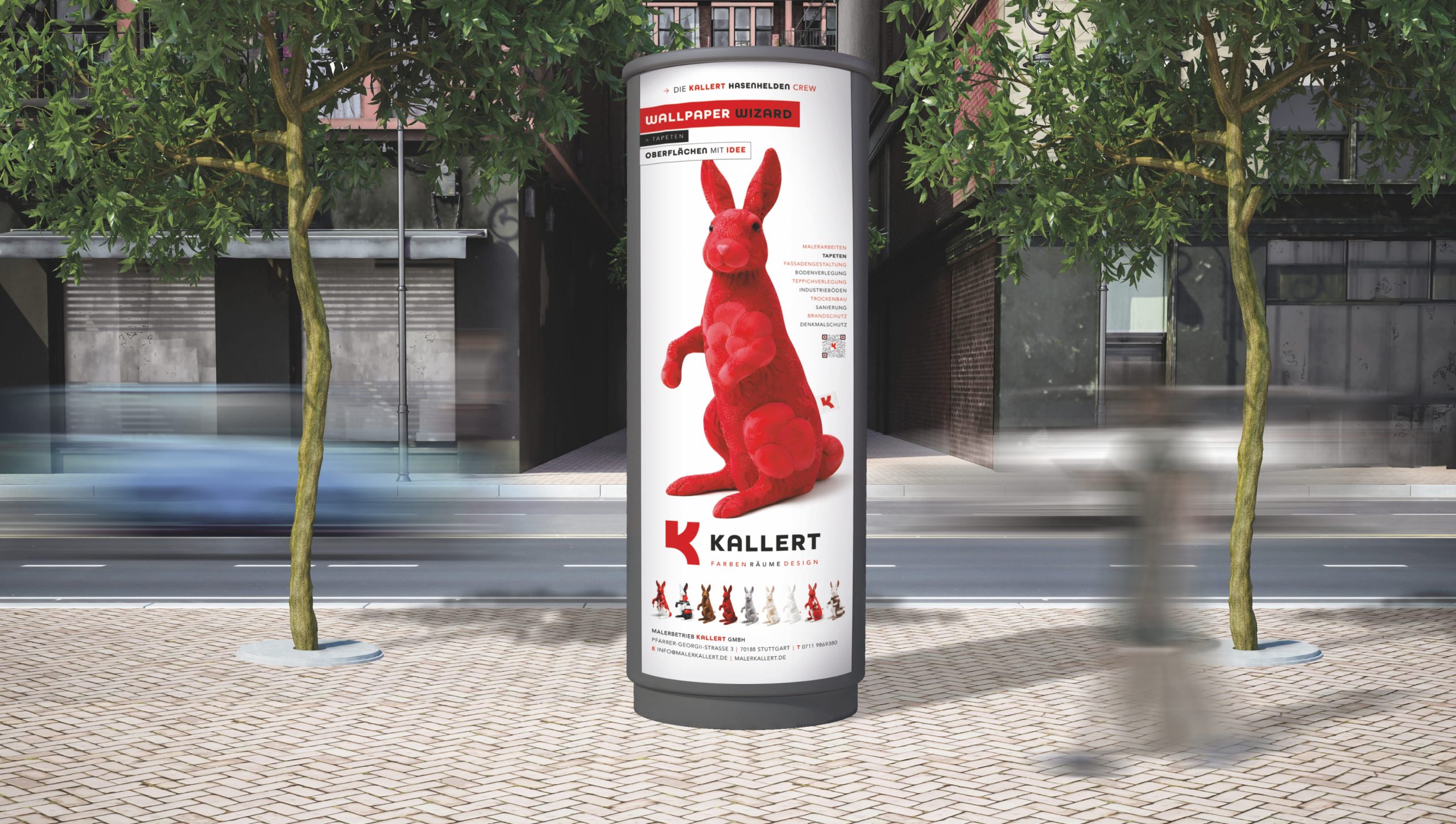 Kallert Hasenhelden Kampagne auf einer Litfaßsäule in Baden-Württemberg – AI Art Direction und Creative Direction Kampagne für den Kallert Malerbetrieb.