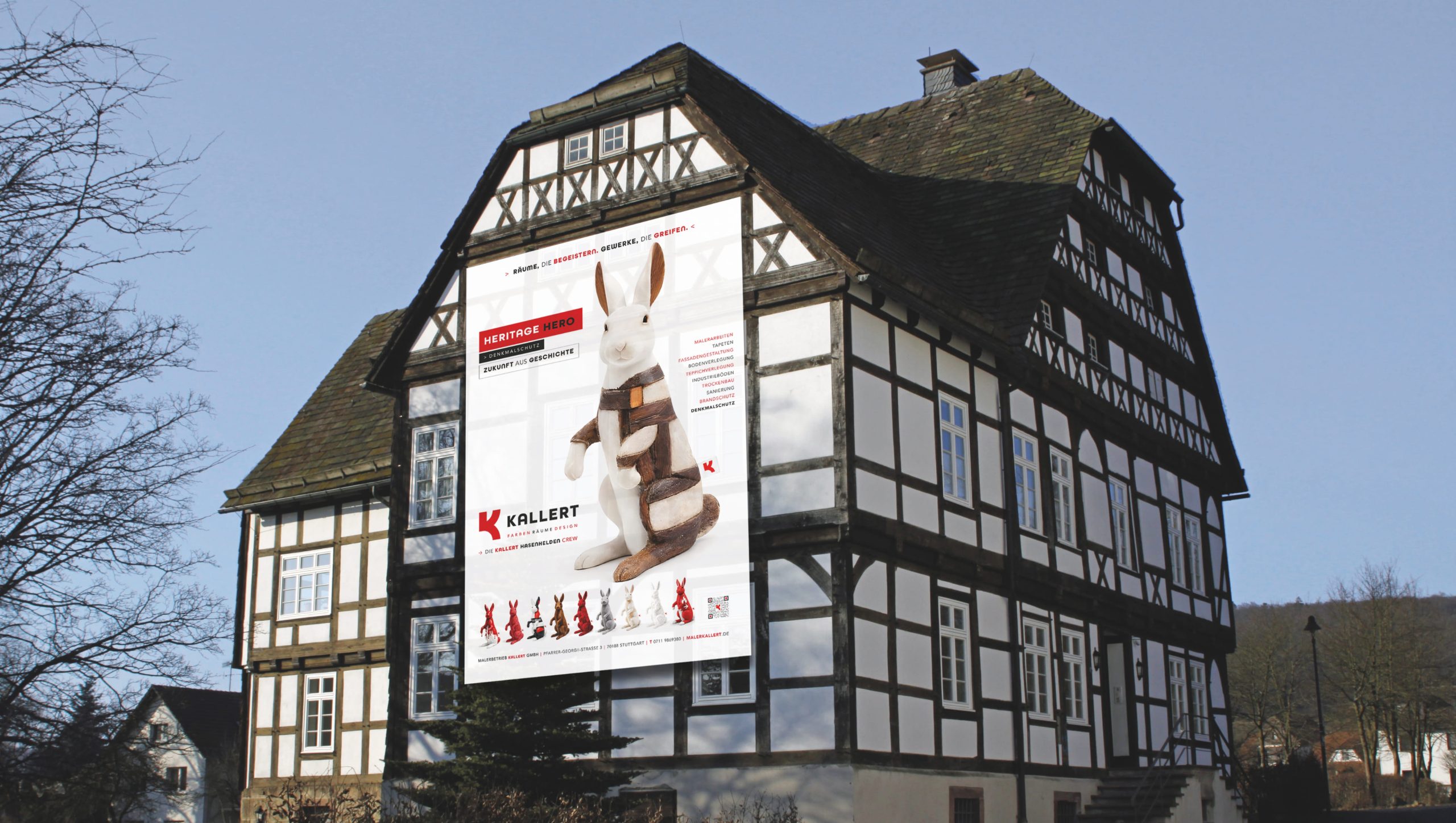 Kallert Hasenhelden Kampagne als Fassadenbanner an einem Fachwerkhaus – Creative Direction Kampagne und Corporate Design Handwerk für den Kallert Malerbetrieb.