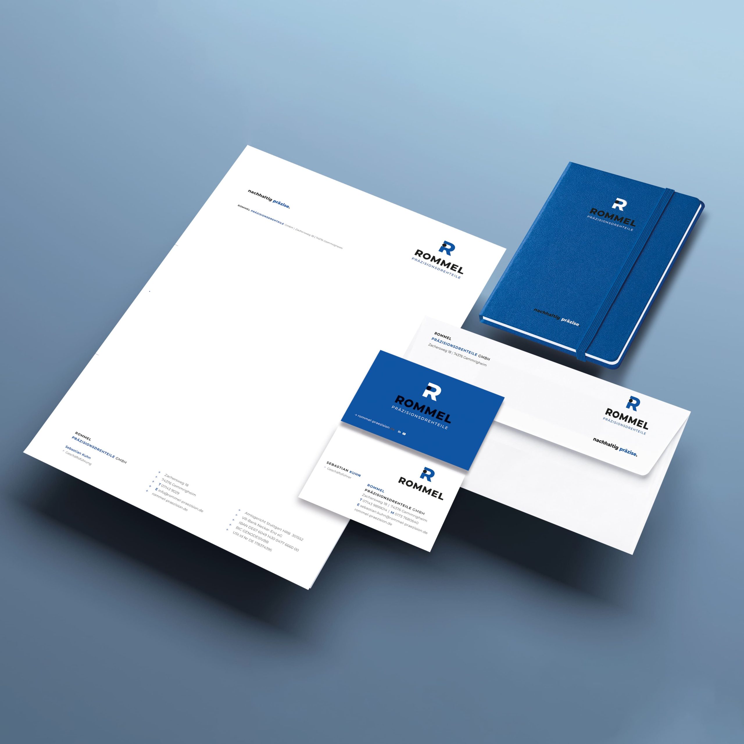 Rommel Präzisionsdrehteile Geschäftsausstattung mit Briefpapier, Visitenkarten und Notizbuch für Creative Director B2B und Corporate Design Industrie