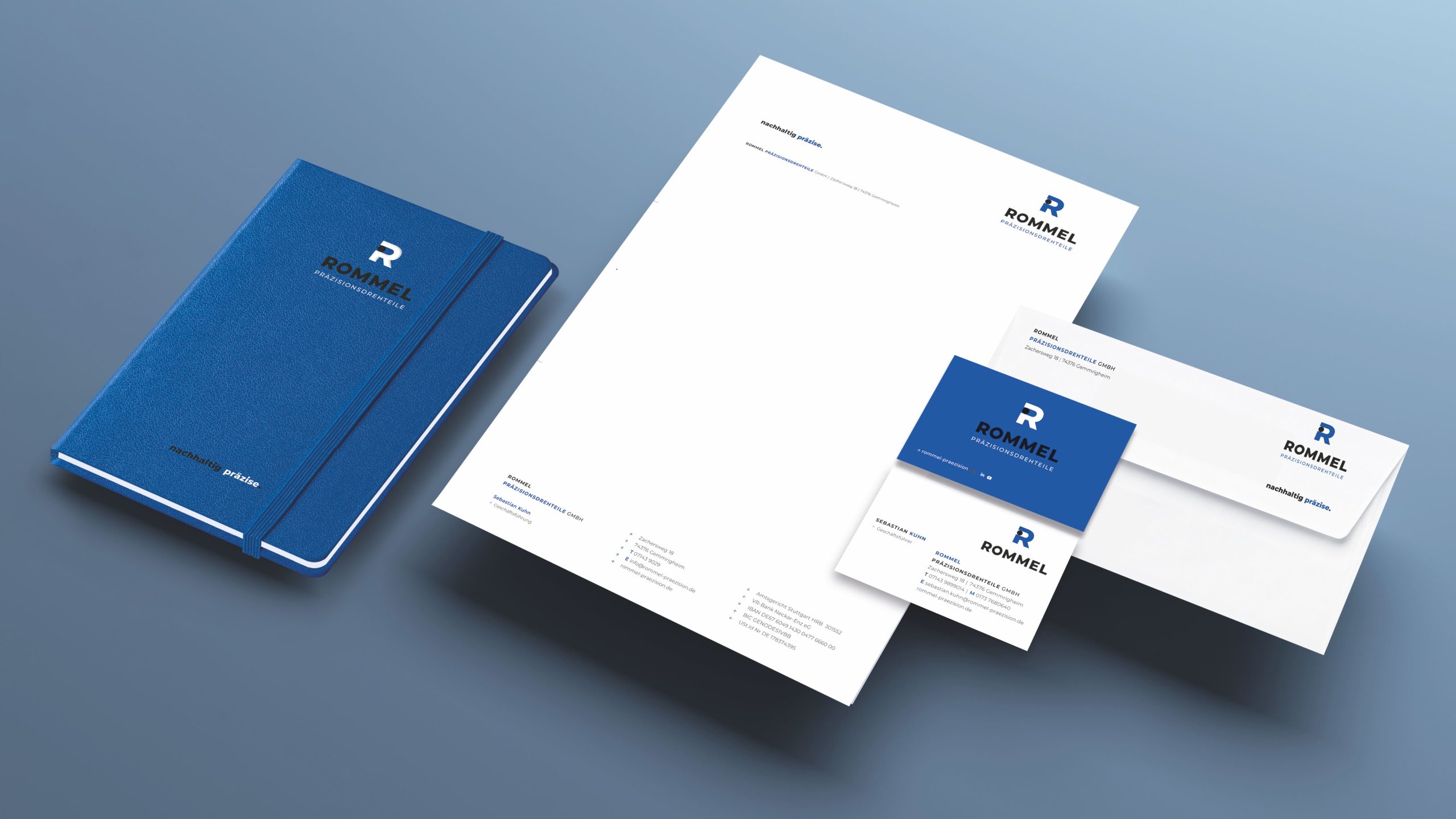 Rommel Präzisionsdrehteile Geschäftsausstattung mit Briefpapier, Visitenkarten und Notizbuch für Creative Director B2B und Corporate Design Industrie