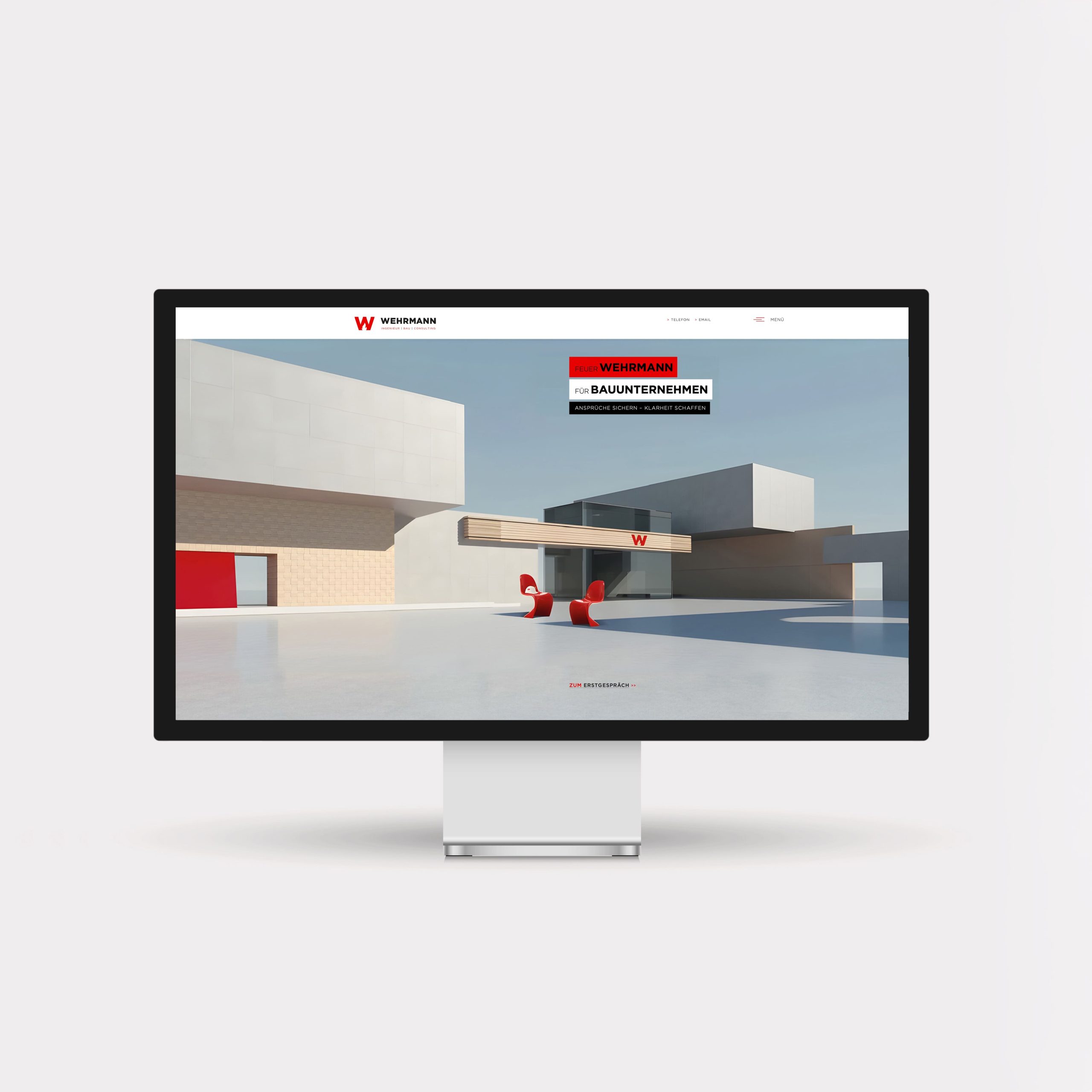 Website für Wehrmann Ingenieurbau mit Architekturvisualisierung, Leistungsübersicht und Consulting-Bereich, entwickelt im Rahmen der Markenpositionierung B2B und B2B Brand Design von Simone Rees.