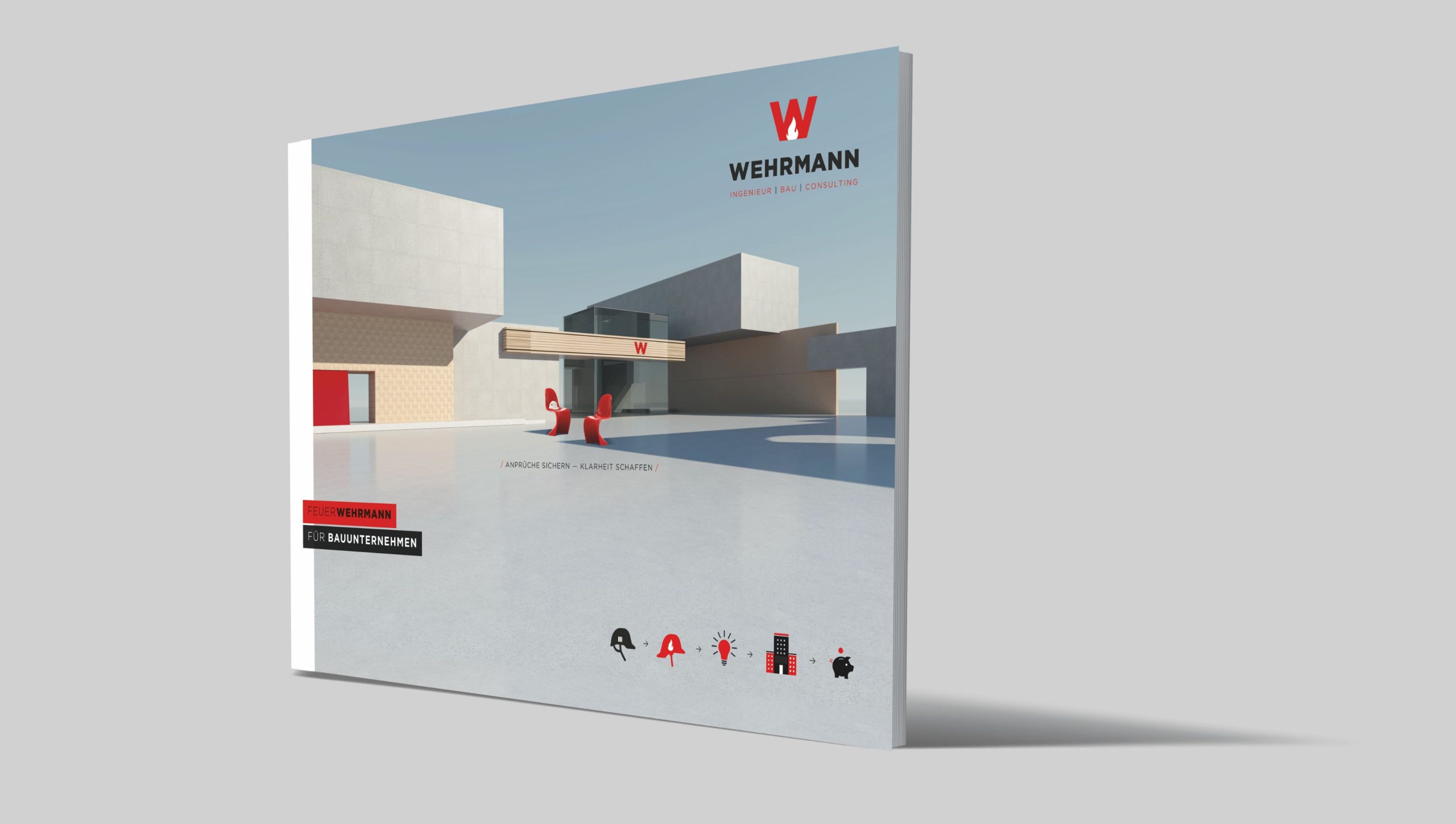 Broschüre für Wehrmann Ingenieurbau mit Architekturvisualisierung und Markenauftritt für Bauunternehmen, gestaltet im Corporate Design Bauunternehmen von Corporate Designer Freelancer Simone Rees.