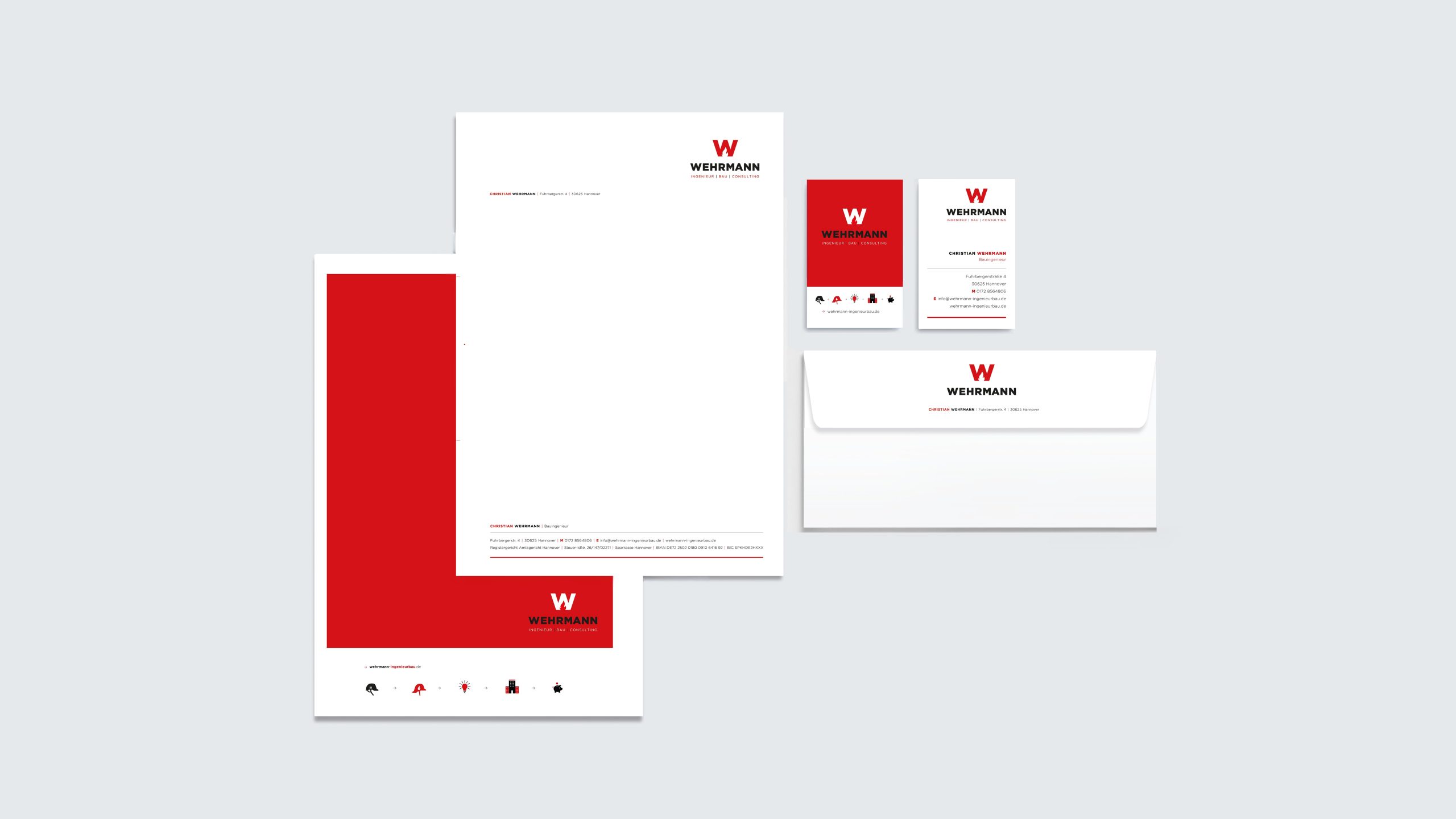 Geschäftsausstattung für Wehrmann Ingenieurbau mit Briefpapier, Visitenkarten und Umschlag im Corporate Design B2B, gestaltet von Corporate Designer Freelancer Simone Rees.