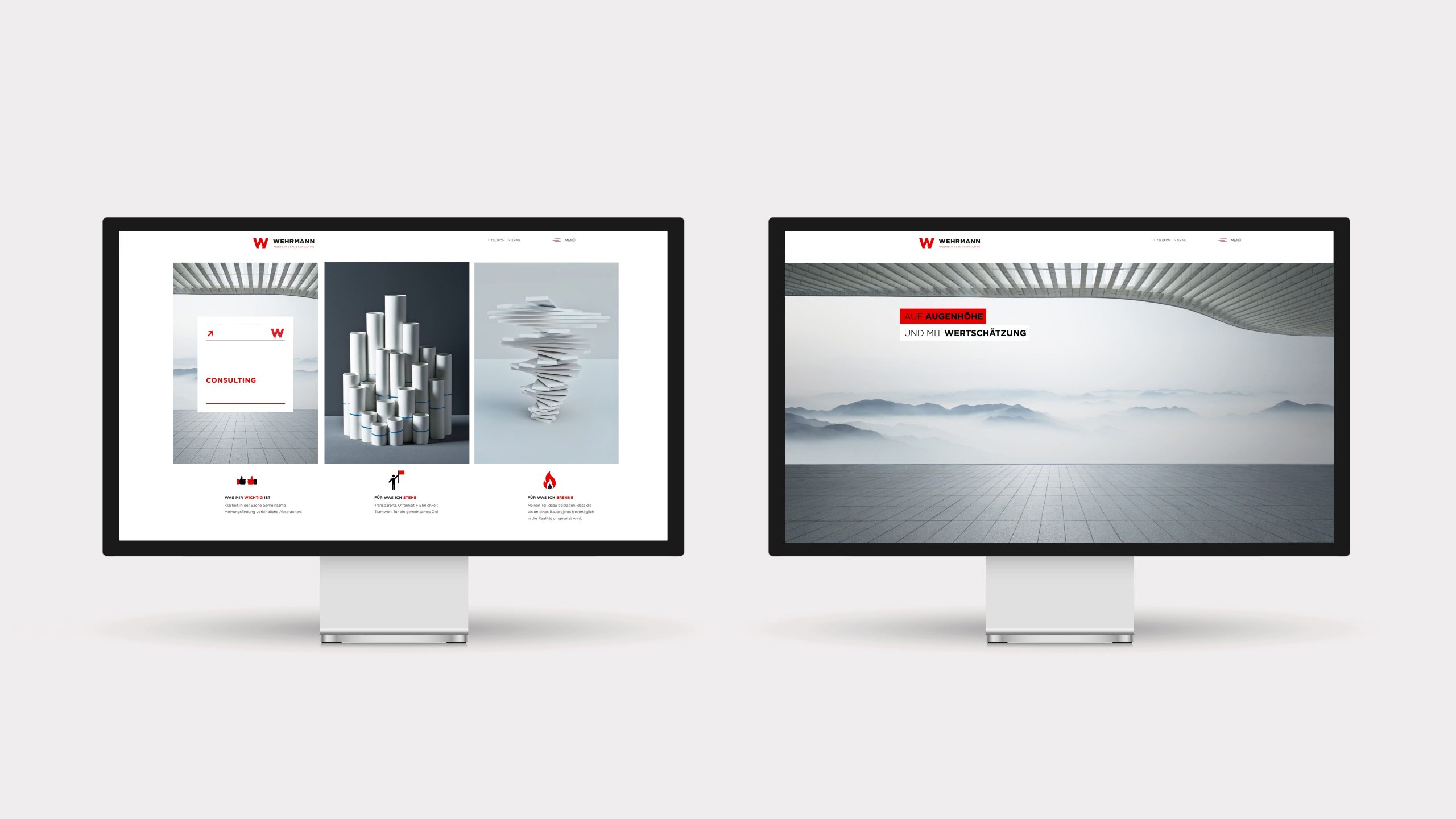 Website-Design für Wehrmann Ingenieurbau mit Consulting-Bereich und visueller Markenwelt, entwickelt als Creative Direction Corporate Design von Creative Director B2B Simone Rees.