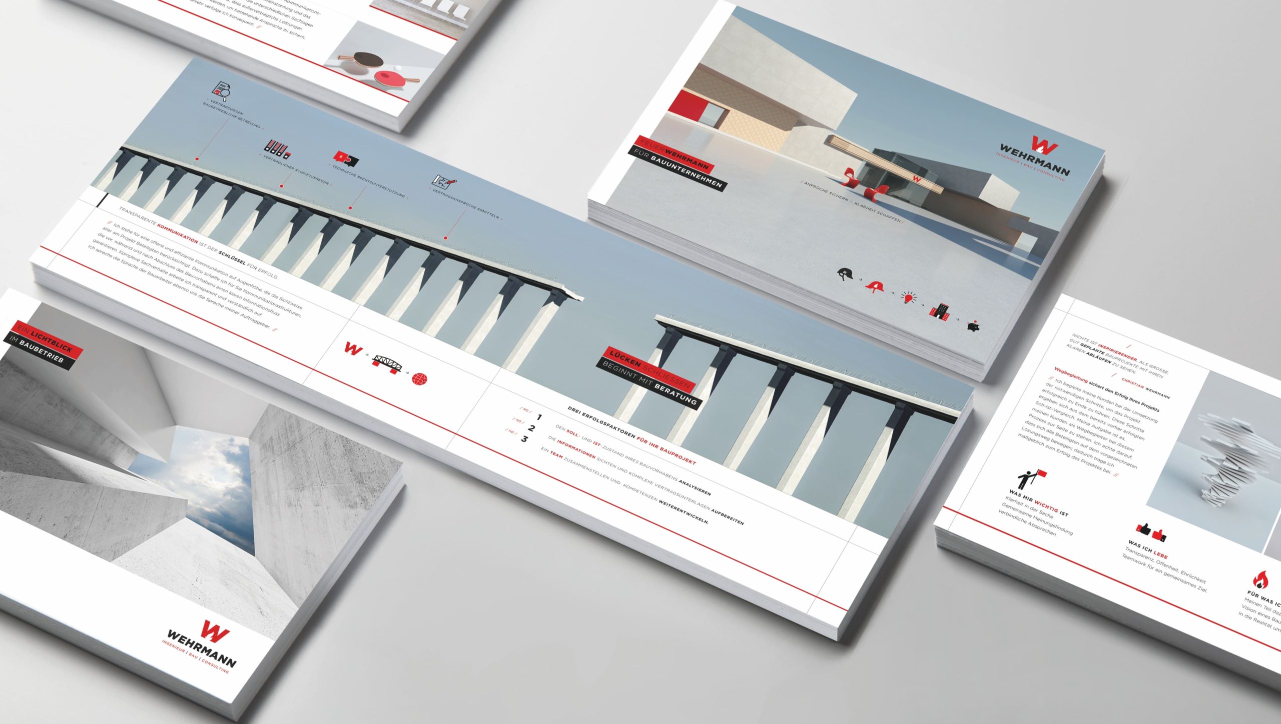 Broschürendesign für Wehrmann Ingenieurbau mit Projektkommunikation für Bauunternehmen, entwickelt als Kommunikationskonzept B2B von Creative Director B2B Simone Rees.
