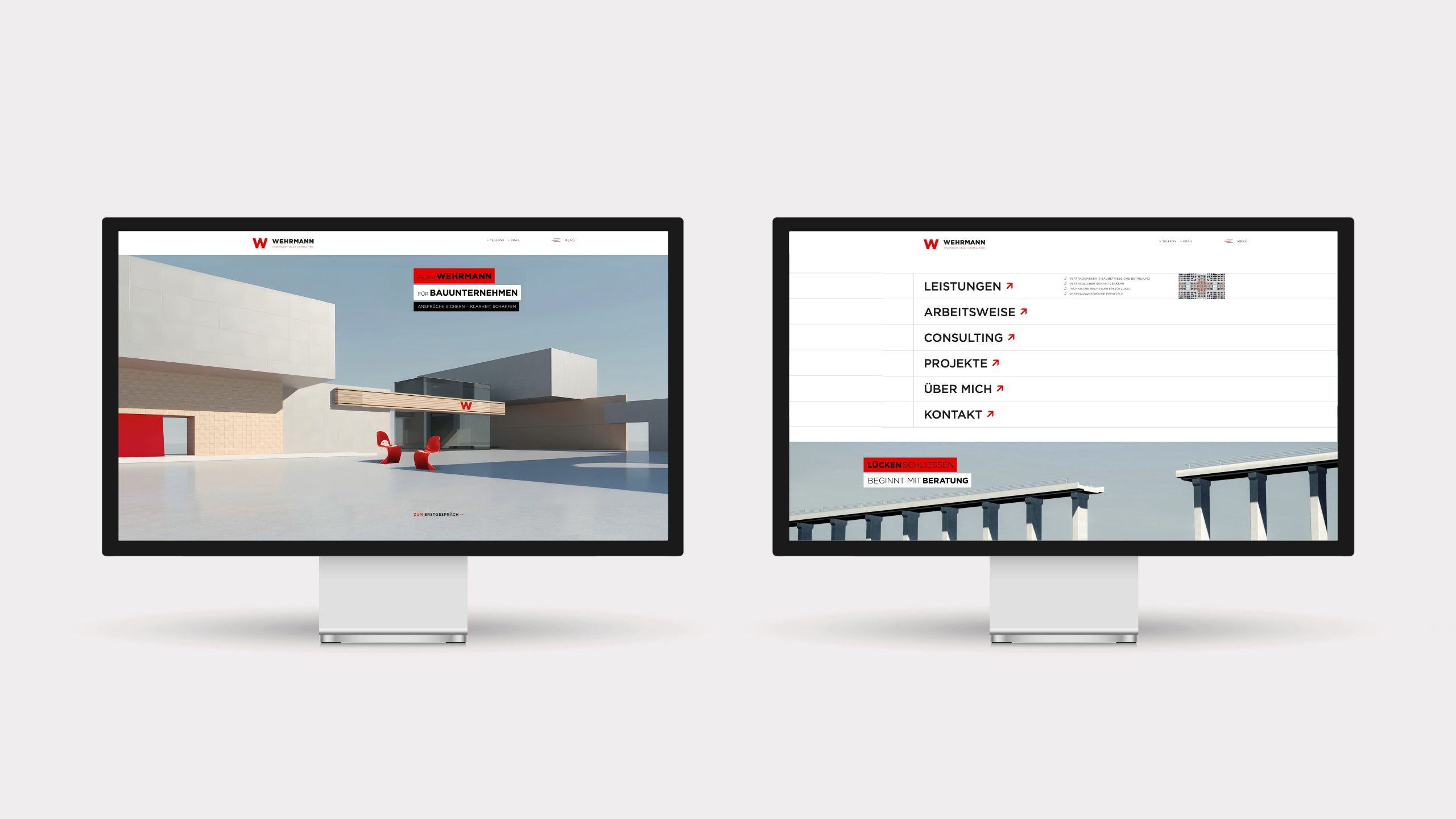 Website für Wehrmann Ingenieurbau mit Architekturvisualisierung, Leistungsübersicht und Consulting-Bereich, entwickelt im Rahmen der Markenpositionierung B2B und B2B Brand Design von Simone Rees.